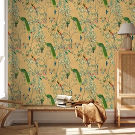 VEELIKE Yellow Chinoiserie Wallpaper Peel and Stick Vintage Birds Floral Wallpaper for Bedroom Bathroom Living Room 17.7''x354'' Removable Pre-Pasted Floral Mural Contact Paper for Walls Cabinets