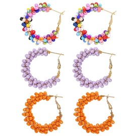 GOMAKERER 3 Pairs 3 Colors Beaded Hoop Earrings for Women, Bohemian Bead Earrings Circle Round Bead Dangle Earrings for Women Minimalist Party Jewelry (Purple/Orange/Multi)