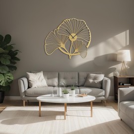 SIGNLEADER Metal Wall Clock Wall Art Decor, Artistic Ginkgo Leaf Wall Sculpture Clock Silent Battery Operated Hangings Home Decoration for Living Room, Bedroom, Kitchen, Bathroom - 30" Gold