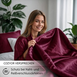 Cozyor Satin Bed Linen 155 x 220 cm Extra Thick and Soft with Robust Zip 2 x Pillowcases 40 x 80 cm Elegant Satin 3-Piece Bordeaux Berry