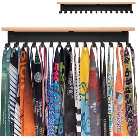 Premium Trophy and Medal Display Shelf 16inchL,Metal Trophy Shelf with Hooks Upgraded,Large Bamboo Trophy Board Display,Sturdy Trophy Shelf with Hooks for Medals Metal Wall Mount Medals