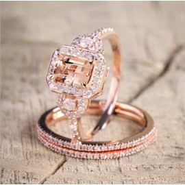 LRGKMCWTOB Fashion Elegant Women Gorgeous 18K Rose Gold Filled Morganite Ring Engagement Bridal Women Jewelry Set Size 6-10 (US 9)