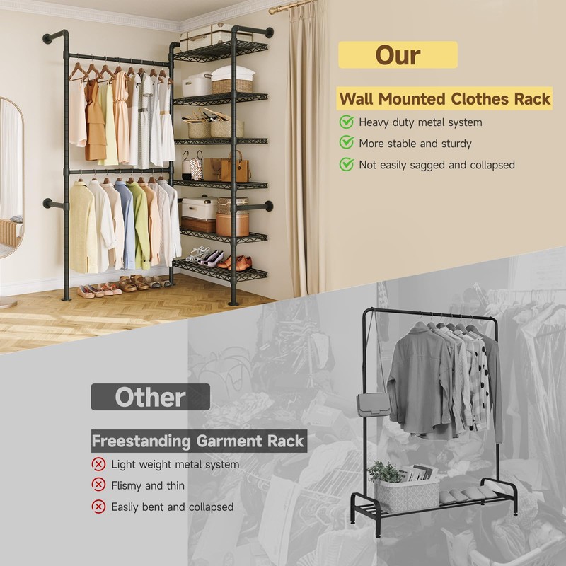 L2 Wall Mounted Closet System, Industrial Pipe Clothing Rack Clothes