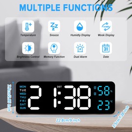 Yakiter Digital Clock, 9" LED Alarm Clock for Bedroom, Bedside Desk Table Clock with Temperature/DST/Humidity/Snooze-12/24H, for Deep Sleepers Kids Elderly Home Office (Azure)