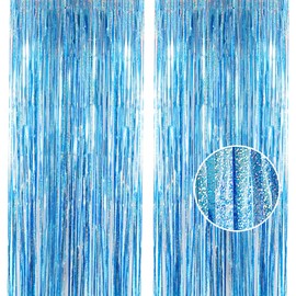 2pcs 3.2 x 8.3ft Glitter Baby Blue Tinsel Curtain Foil Fringe Curtain Backdrop Party Streamers Curtain Photo Backdrop Decorations for Birthday School Graduation Boys Party Decorations Blue