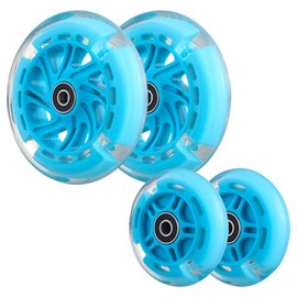 120mm Front & 80mm Rear Flashing 3-Wheeled Kid Scooter Replacement Wheels, Complete Led Light-Up Wheels Set for Kid Push Kick Scooter, Set of 4 (Blue)