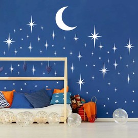 Stars and Moon Wall Decal Star Decals for Walls Nursery Wall Decal White Stick on Stars Vinyl Wall Stars Decal Removable Peel and Stick Wall Stickers for Kids Girls Bedroom