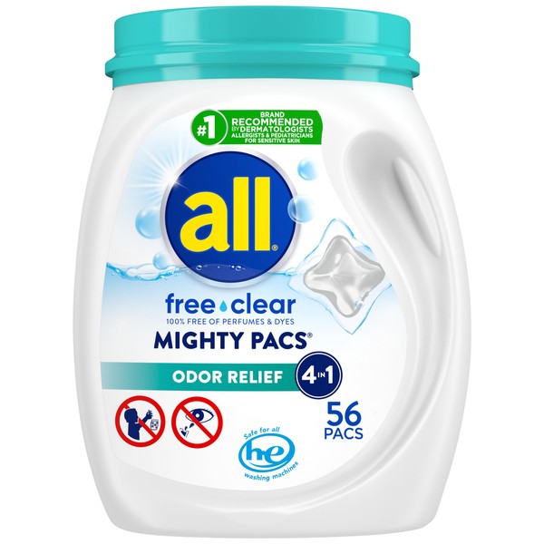 All Mighty Pacs Laundry Detergent Free Clear Odor Relief, Tub, 56 Count