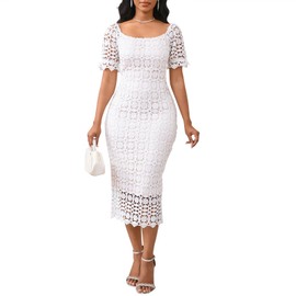 Cololura Women Elegant Floral Lace Mesh Short Sleeve Formal Evening Gown Party Bodycon Pencil Dress