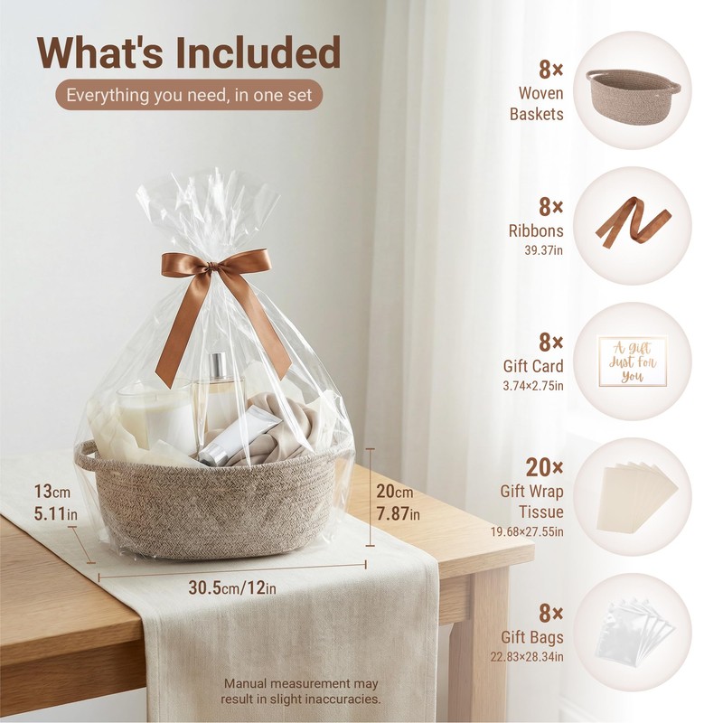 VIRETH HAUS 8pcs Small Woven Baskets with Gift Bags, Ribbons