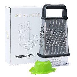 Faligee Stainless Steel Grater (23.5 x 14.8 x 8 cm) Professional Kitchen Grater – Square Grater Ideal as Vegetable Slicer and Cheese Grater – Includes Fruit Holder and Catcher Container