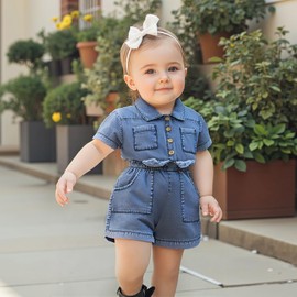 ZZLBUF Toddler Baby Girl Denim Jumpsuit Short Sleeve Jean Romper Shorts Jumpsuit Overalls Summer Clothes One Piece Outfits (Blue, 3-4 Years)