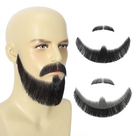 Fake Beard and Mustache Handmade with Human Hair, Full Beard Style with Larger Size and Fuller Look, Realistic Mustache with Soft Invisible Mesh for Costumes Facial Hair, Cosplay, Theatrical (Black)