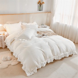 WONGS BEDDING 3 Pieces White Ruffle Bedding Set with 2 Pillowcase Frills Duvet Cover with Zipper Closure Soft Microfiber Duvet Cover Set Double 200x200 cm