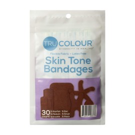 Tru Colour - Assorted Bandages, Flexible Fabric Adhesive Bandages, Dark Brown Skin Tone Shade, Purple Bag, 30 Count