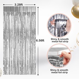 2 Pack Silver Metallic Tinsel Foil Fringe Curtains, Door Streamers Photo Booth Backdrop for Birthday Party, Tinsel Curtain Backdrop for Baby Shower Bachelorette Christmas Party Decorations