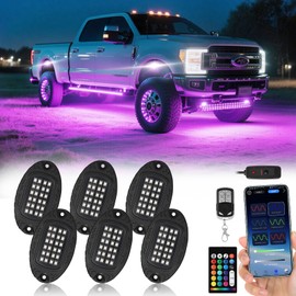 6 Pods Segmented Alloy RGB LED Rock Lights for UTV ATV Golf Cart SXS Trucks Offroad, Waterproof Impact Resistant Metal Underglow Kit with APP/RF Control Sync Music Multi Color Neon Underbody Light