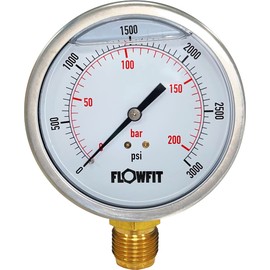 Flowfit Hydraulic Pressure Gauge, Glycerine Filled, 100mm Dial Size, Rated for 0-3000 PSI (207 Bar), 1/2" BSP Base Entry