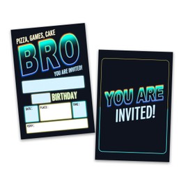 FQPJA Neon Glow Invitations, Bro You Are Invited Boys Birthday Party Invites, 20 Pack Fill-In Party Invites With Envelopes, Neon Theme Birthday Party Decoration Supplies Favors For Kids Adults -C01