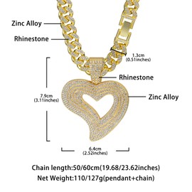 Hip Hop Necklace Light Luxury Love Full Diamond Alloy Pendant Cuban Necklace Hip Hop Men's and Women's Chain Necklace Length 23.62 inches/19.6 inches, 23.62 inches (60 centimeters), kirsite,