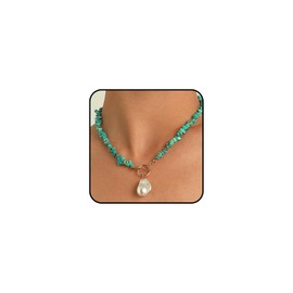 Bohemian Turquoise Pearl Choker Necklace for Women Vintage Adjustable Western Natural Stone Pendant Necklace Baroque OT Choker Cowgirl Holiday Jewelry (Big)