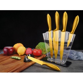 Hollory Kitchen Knife Set,7 Pieces Stainless Steel Kitchen Knife Set with Clear Acrylic Block and Sharpener,Non-Stick Kitchen Knife for Cutting of Meat Vegetables and Fruits-Gold
