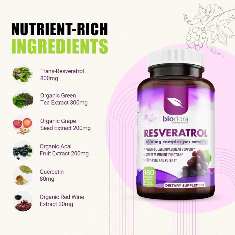 Resveratrol Suplemento - 180 Cápsulas Apoyo a la Salud Digestiva