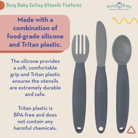 BUSY BABY Eating Utensils for Babies & Toddlers | Fork, Spoon, & Knife | Food-Grade Silicone & Tritan Plastic | Dishwasher Safe, BPA Free (Spearmint)