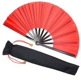 Zolee Large Rave Folding Hand Fan for Men/Women - Chinese Japanese Solid Kung Fu Tai Chi Handheld Fan with Fabric Case - for EDM, Music Festival, Club, Event, Party, Dance, Performance, Gift (Red)