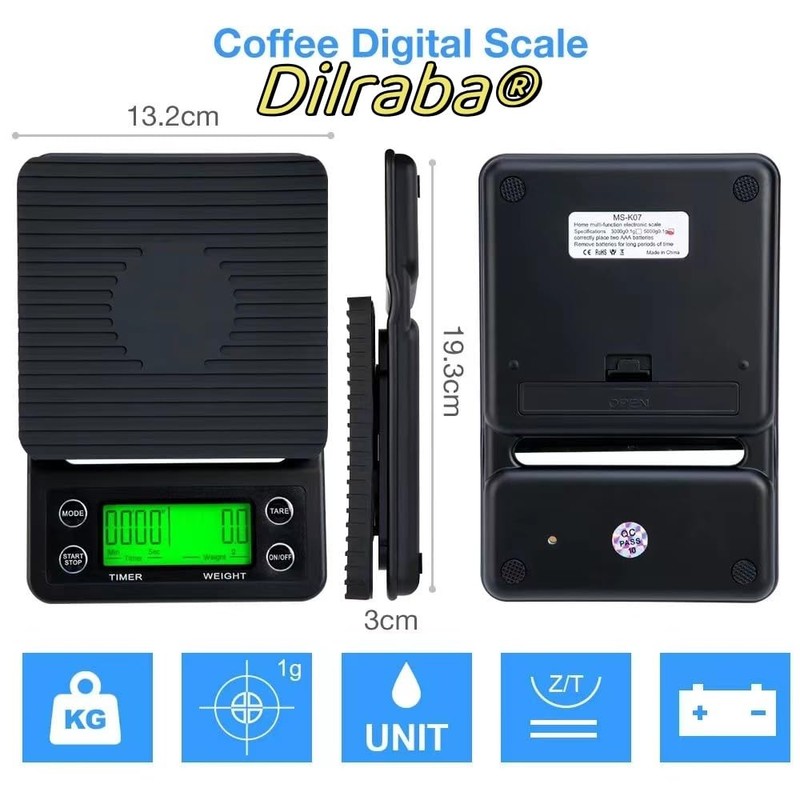 Dilraba® 3kg/0.1g Drip Coffee Scale, Portable Electronic Digital Kitchen Scale