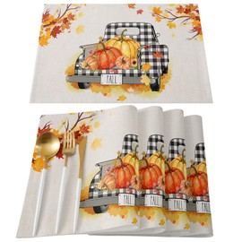 BIPASION Fall Placemats, Thanksgiving Pumpkins Truck Placemats for Dining Table Set of 4, Washable Autumn Table Place Mats, Pumpkin Kitchen Table Mats for Indoors & Outdoors