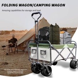 SPOFLYINN Utility Kids Wagon for Outdoor Garden Park Walking, Portable Beach Camping Trolley Cart with Foot Brakes, All-Terrain Outdoor Collapsible Wagon for Fishing Green As Shown