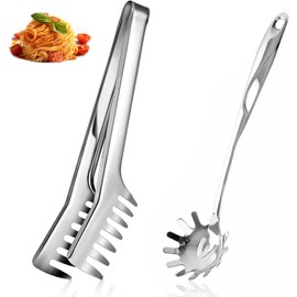 Spaghetti Server Set, Stainless Steel Spaghetti Tongs, Stainless Steel Pasta Spoon, Dishwasher Safe for Baking and Cooking Pasta, Also Suitable for Salads (Set of 2, Silver)