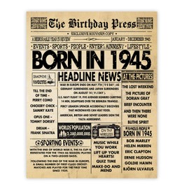 Stuff4 80th Birthday Poster Unframed - Born In 1945 Vintage Newspaper - Happy 80th Birthday Gifts for Women Men Retro Back In 1945, 8x10 Inch Eighty Eightieth Decor Decoration Bday Party