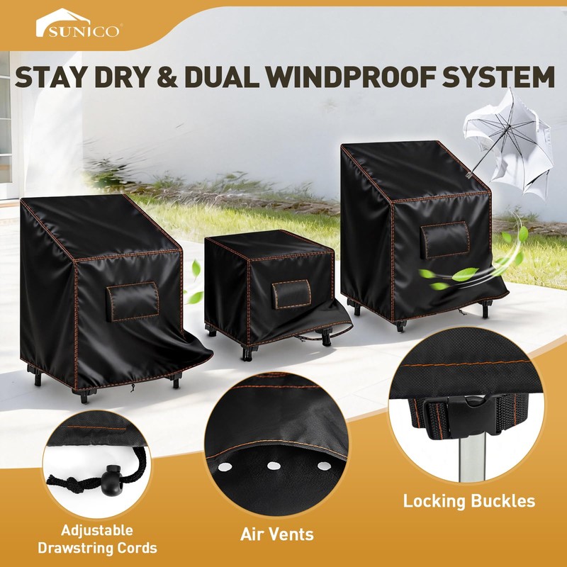 SUNICO Patio Furniture Covers 3 Piece Set,Outdoor Waterproof,Medium,Black
