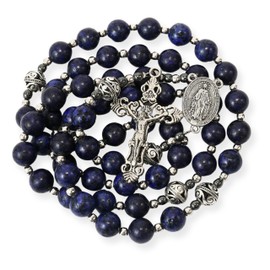 Nazareth Store Catholic Rosary Blue Lapis Lazuli Beads Necklace Miraculous Medal with Silver Crucifix for Men, Women Communion Gift