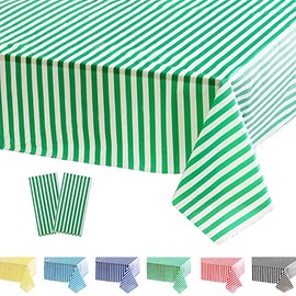 POPOYU 2Pcs Green Stripe Table Cloth,Green and White Table Covers,137*274cm Birthday Party Rectangular Dining Table Cover Tablecovers Plastic Tablecloths for Picnic,Christmas,Birthday Party Decoration