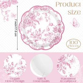 Kochorie 100 Pieces Pink Flower Paper Plates 7 Inches Disposable Floral Paper Plates Scalloped Pink Chinoiserie Vintage Flower Dessert Plates for Wedding Birthday Holiday Party Decor Supplies