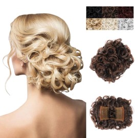 Elaine Combs Messy Bun Hair Piece Curly Dish Hair Buns Extension Thick Chignon Hairpiece Clip in Ponytail Scrunchies Hair Pieces for Women (Dark Brown Tip Light Auburn-#99)