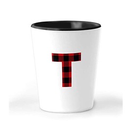 T Monogram Letter Red Plaid Pattern 1.5 oz Shot Glass - Great Trendy Christmas Ceramic Cup And Present - Perfect Xmas Surprise Gift For Men, Women, Boys And Girls