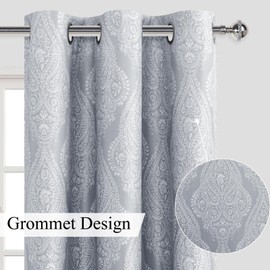 JIUZHEN Grey Ombre Blackout Curtains for Bedroom– Damask Patterned Thermal Insulated Noise Reducing Grommet Curtains with Tiebacks, 42 x 63 Inches, Set of 2 Window Curtain Panels