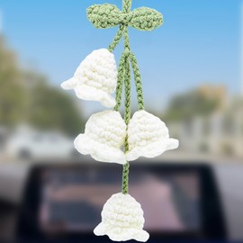 MEAJOO Car Mirror Hanging Accessories, Rear View Mirror Accessories Hanging Decor, Cute Bellflower Hand Knitted Car Pendant Suitable for Key Chains, Backpacks, as Gifts for Women(1 PCS, White)