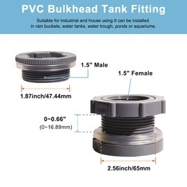 QuQuyi 1.5 Inch PVC Bulkhead Water Tank Connector Adapter Fitting with Plugs Thru-Bulk Pipe Fitting for Rain Barrels, Aquariums, Ponds(Set of 2)