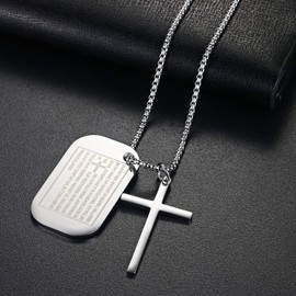 Men's vintage stainless steel crucifix pendant, cross Bible Prayer, Jesus necklace pendant with chain necklace 55 cm, black/silver., silver