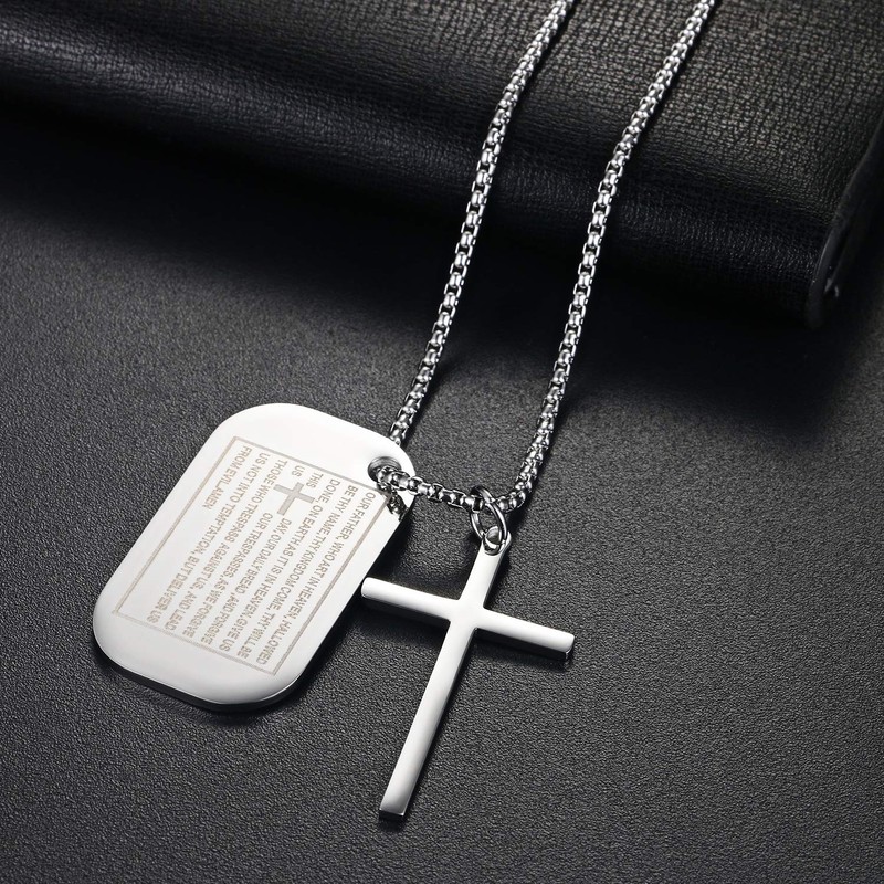 Men's vintage stainless steel crucifix pendant, cross Bible Prayer, Jesus