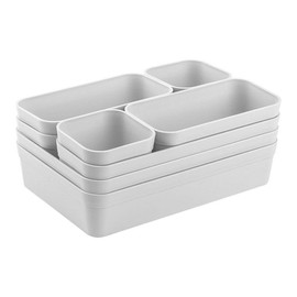1x Drawer Organiser Set Storage Box, One-Piece Divider System, Adjustable, Utensils Storage Space, Bathroom, Plastic, Light Grey