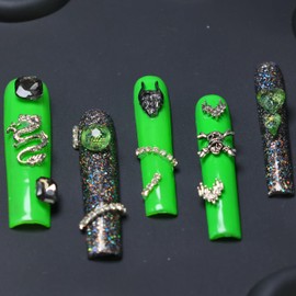 Square Press on Nails Long Fake Nails Reusable False Nails for Women Hand-Painted Classy Nails Full Cover Acrylic Artificial False Stick on Nail 3D Hand-Painted False Nails 10Pcs (S17,L)