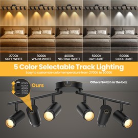 TuyuBEE 5-Color Zoomable 6 Light Track Lighting Fixtures Ceiling for Kitchen, Dimmable LED Track Lighting Kit, Ceiling Spotlight Flush Mount Adjustable Directional Spot Lights Indoor, CRI90 45W, Black