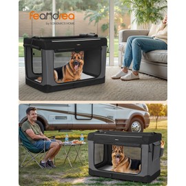 Feandrea Collapsible Dog Crate, 42-Inch Portable Dog Travel Crate for Large Dogs, Oxford Fabric Pet Carrier with 4 Mesh Doors, Handles, Storage Pocket, Water Bottle Holder, Ink Black UPDC021B01