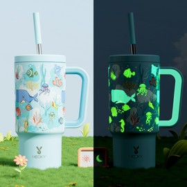 Meoky 24 oz Tumbler with Handle for Kids: Glow in the Dark Tumbler with Handle and Straw - Keeps Cold for 24 hours - 100% Leakproof Tumbler BPA-Free for Travel Car Cupholders - Girls Boys, Ocean